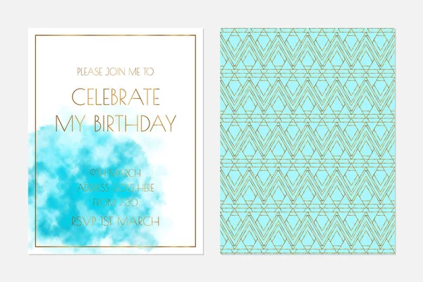 Turquoise Watercolor Invitation Design Light Pastel Gold Cover Page — Stock Vector