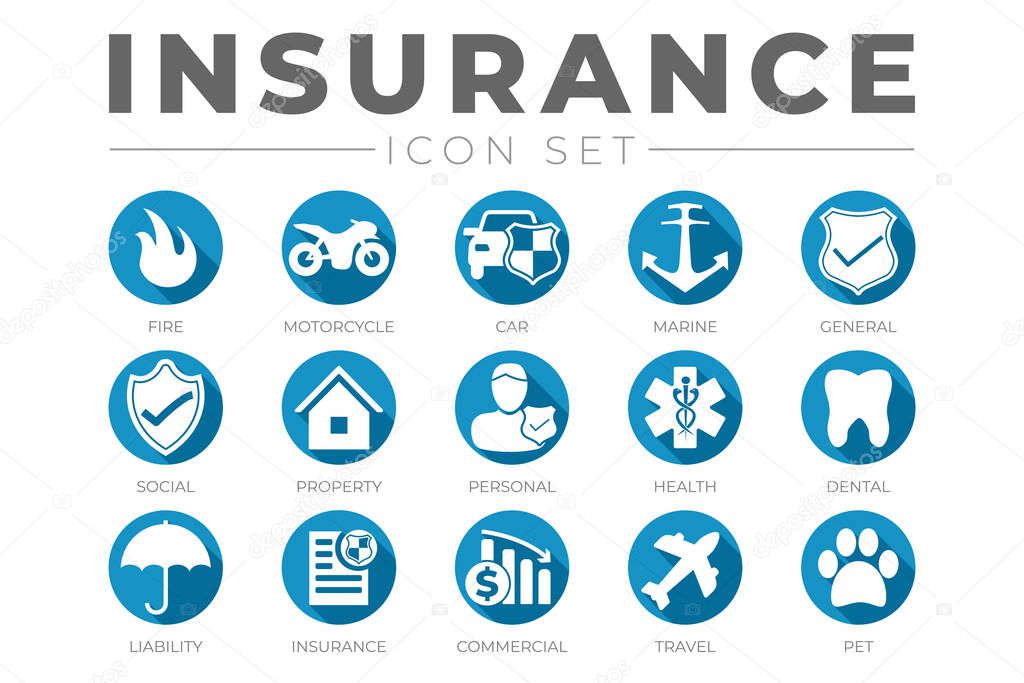 Round Flat Insurance Icon Set with Car, Property, Fire, Life, Pet, Travel, Dental, Health, Marine, Liability Insurance Icons
