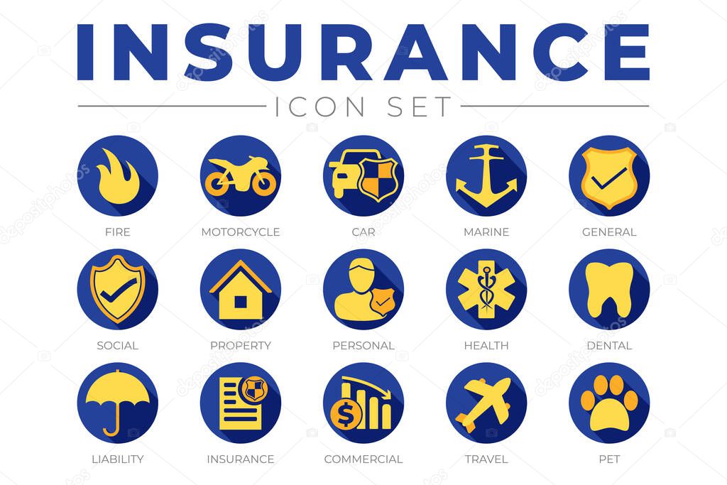 Blue and Yellow Insurance Icon Set with Car, Property, Fire, Life, Pet, Travel, Dental, Commercial, Health, Marine, Commercial and Liability Insurance Icons