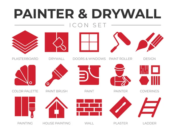 Red Painter Drywall Icon Set Plasterboard Paint Roller Brush Painter — Stock Vector