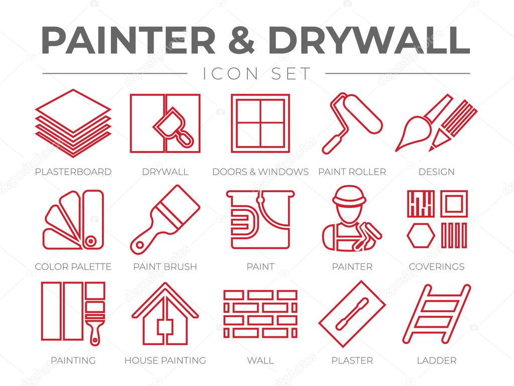 Painter and Drywall Outline Icon Set with Plasterboard, Paint Roller, Brush, Painter Color Palette, Painting, Wall, Plaster, Ladder Icons