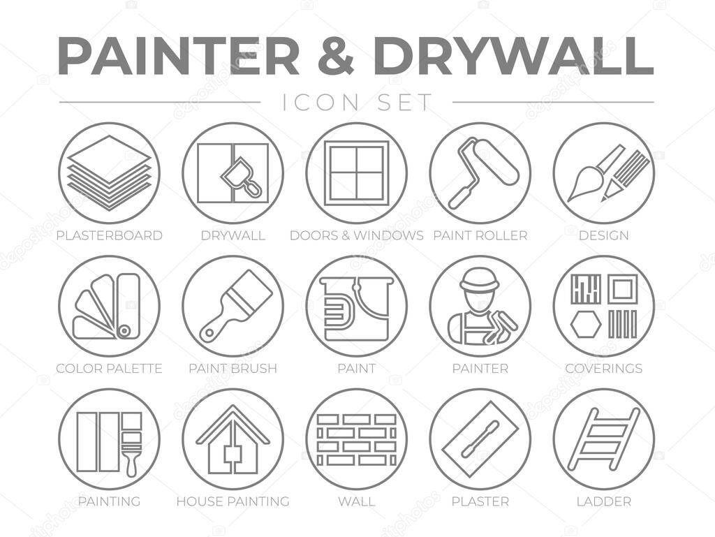 Painter and Drywall Round Outline Icon Set