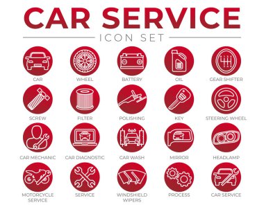 Kırmızı Araba Servisi Yuvarlak Simgeleri Batarya, Yağ, Vites Değiştirici, Filtre, Cilalama, Anahtar, Direksiyon, Teşhis, Yıkama, Ayna, Kılavuz Simgeleri
