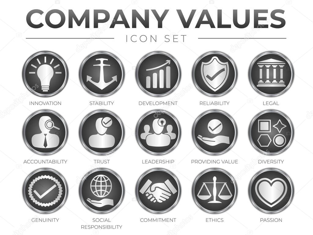 Business 3D Icon Set of Company Core Values. Innovation, Stability, Development, Reliability, Legal, Accountability, Trust, Leadership, Providing Value, Diversity, Genuinity,  Social Responsibility, Commitment, Ethics, Passion Black Icons.