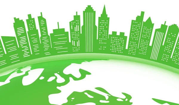 Dünya Haritası Ile Yeşil Eko Şehir Çizimi — Stok Vektör