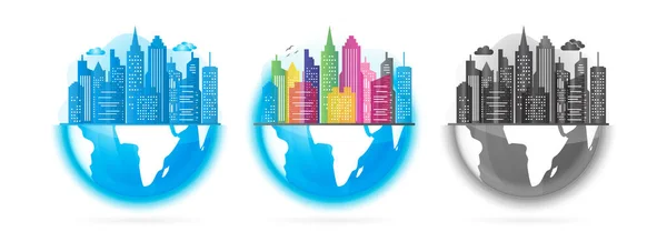 Cityscape Illustration Med Earth Globe Set Blå Färgglada Och Svart — Stock vektor