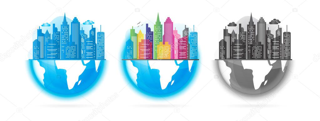 Cityscape Illustration with Earth Globe Set in Blue, Colorful and Black Color