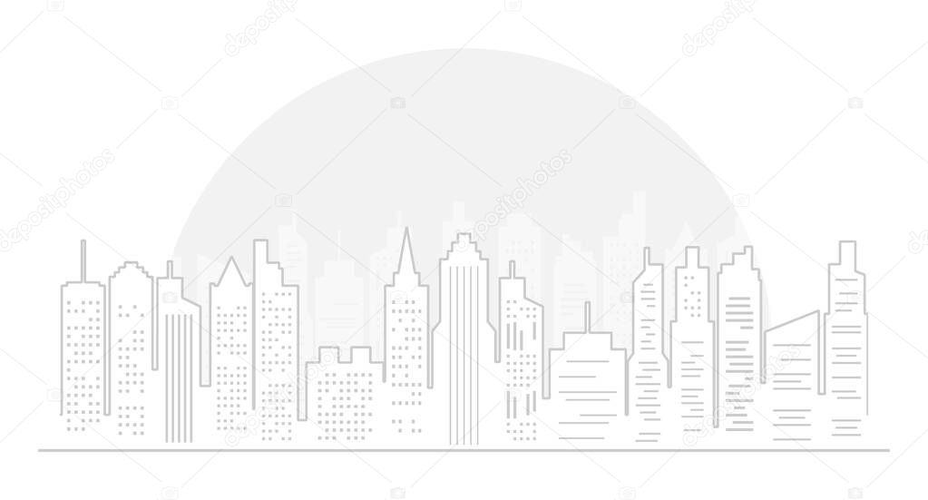 Outline Light City Illustration with Cityscape, Skyscrapers and Moon