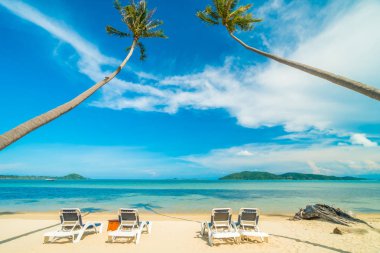 Güzel tropikal plaj ve Hindistan cevizi hurma ağacı ve Cennet Adası sandalyede denize sıfır