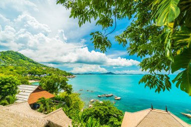 Plaj ve deniz ile Hindistan cevizi hurma ağacı koh samui Adası Tayland seyahat ve tatil için güzel havadan görünümü