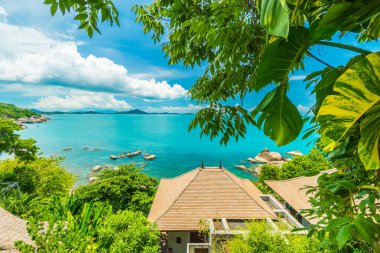 Plaj ve deniz ile Hindistan cevizi hurma ağacı koh samui Adası Tayland seyahat ve tatil için güzel havadan görünümü