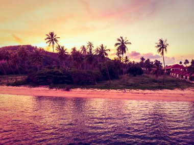 Güzel tropikal plaj ve deniz hurma ve koh samui Adası Tayland tatil ve seyahat için günbatımı zaman diğer ağacında havadan görünümü