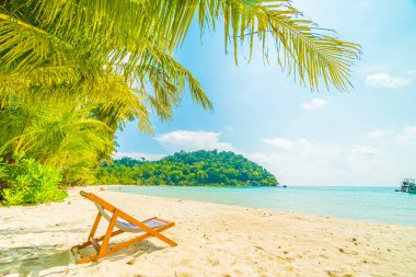 Sandalyenin üstünde güzel tropikal plaj ve deniz paradise Island Seyahat ve tatil için Hindistan cevizi hurma ağacı