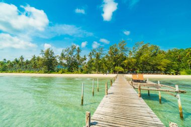 Ahşap iskele veya köprü tropikal plaj ve deniz paradise Island Seyahat ve tatil için