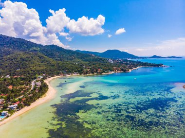 Güzel tropikal plaj ve deniz hurma ve koh samui Adası seyahat ve tatil için diğer ağacında havadan görünümü