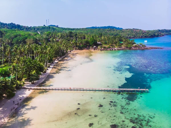 Mavi gökyüzünde Cennet Adası üzerinde güzel bir plaj ve deniz Hindistan cevizi hurma ağacı ile havadan görünümü