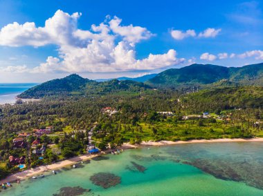 Güzel tropikal plaj ve deniz hurma ve koh samui Adası seyahat ve tatil için diğer ağacında havadan görünümü