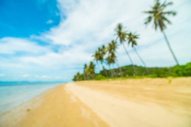 Soyut bulanıklık ve tropikal plaj ve deniz seyahat ve tatil için Hindistan cevizi hurma ağacı arka plan ile defocused