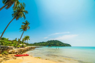 Kayık teknede güzel tropikal plaj ve deniz paradise Island Seyahat ve tatil için Hindistan cevizi hurma ağacı