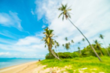 Soyut bulanıklık ve tropikal plaj ve deniz seyahat ve tatil için Hindistan cevizi hurma ağacı arka plan ile defocused