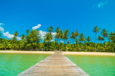 Ahşap iskele veya Cennet Adası için seyahat etmek tatil tropikal plaj ve ile köprü