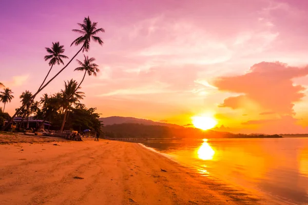 Krásné Venkovní Pohled Oceán Pláž Tropické Kokosu Palmou Době Východu — Stock fotografie