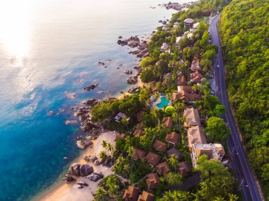Güzel tropikal plaj ve deniz hurma ve koh samui Adası seyahat ve tatil için diğer ağacında havadan görünümü