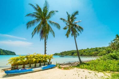 Kayık teknede güzel tropikal plaj ve deniz paradise Island Seyahat ve tatil için Hindistan cevizi hurma ağacı