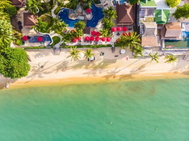 Güzel tropikal plaj ve deniz hurma ve koh samui Adası seyahat ve tatil için diğer ağacında havadan görünümü