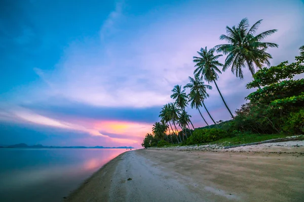 Hermosa Playa Tropical Mar Con Palmera Coco Amanecer Tiro Larga —  Fotos de Stock