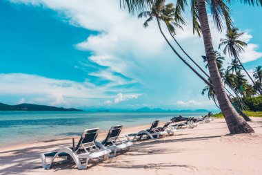 Plaj ve deniz tatil ve seyahat için Hindistan cevizi hurma ağacı ile üzerinde şemsiye ve sandalye ile güzel açık görünüm