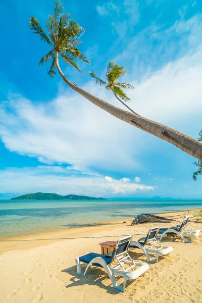Güzel tropikal plaj ve Hindistan cevizi hurma ağacı ve Cennet Adası sandalyede denize sıfır