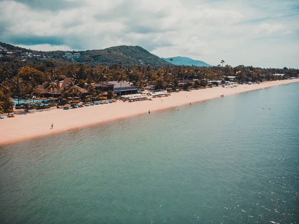 Flygfoto Över Vacker Tropisk Strand Och Havet Med Palmer Och — Stockfoto