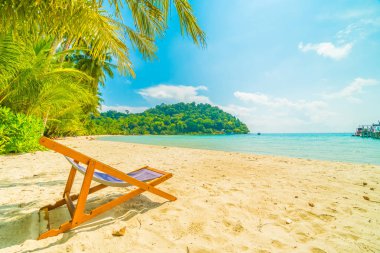 Sandalyenin üstünde güzel tropikal plaj ve deniz paradise Island Seyahat ve tatil için Hindistan cevizi hurma ağacı