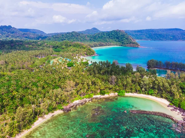 Mavi gökyüzünde Cennet Adası üzerinde güzel bir plaj ve deniz Hindistan cevizi hurma ağacı ile havadan görünümü