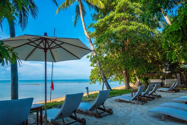 Plaj ve deniz tatil ve seyahat için Hindistan cevizi hurma ağacı ile üzerinde şemsiye ve sandalye ile güzel açık görünüm