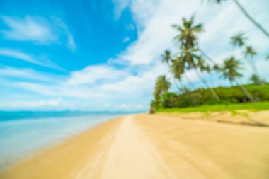 Soyut bulanıklık ve tropikal plaj ve deniz seyahat ve tatil için Hindistan cevizi hurma ağacı arka plan ile defocused