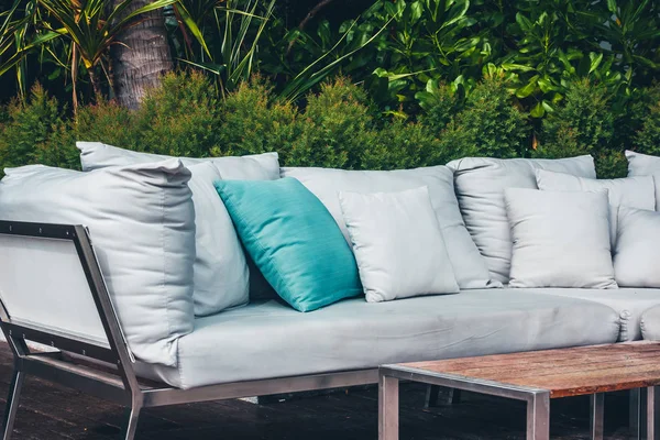 Comfortable Pillow Sofa Decoration Outdoor Patio Tropical Nature View — Stock Photo, Image
