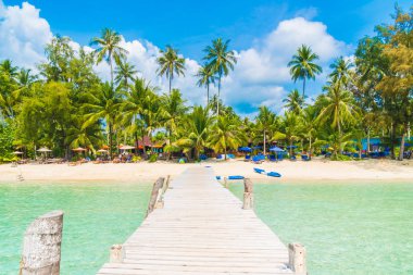 Güzel tropikal plaj ve Hindistan cevizi hurma ağacı ve Cennet Adası - tatil tatil kavramı Bridge'de denize sıfır