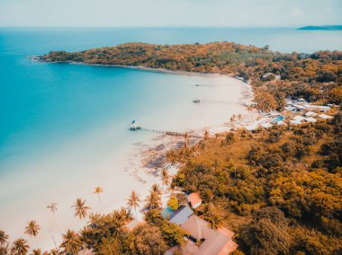 Güzel doğa tropikal plaj ve deniz kayık tekne ve Hindistan cevizi hurma ağacı Cennet Adası için seyahat etmek tatil
