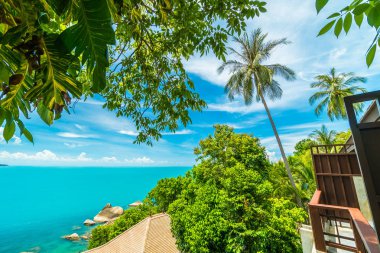 Plaj ve deniz ile Hindistan cevizi hurma ağacı koh samui Adası Tayland seyahat ve tatil için güzel havadan görünümü