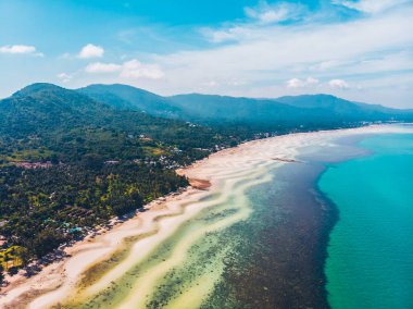 Seyahat ve tatil için adada güzel tropikal plaj ve deniz ağaçları ile havadan görünümü