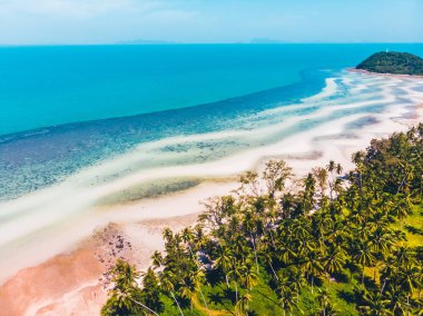 Seyahat ve tatil için adada güzel tropikal plaj ve deniz ağaçları ile havadan görünümü