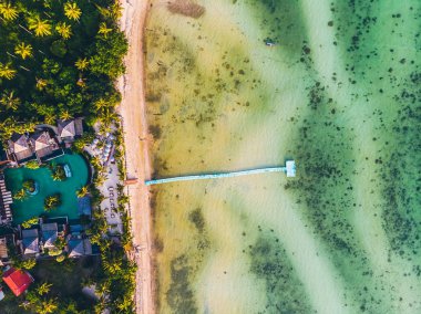 Seyahat ve tatil için adada güzel tropikal plaj ve deniz ağaçları ile havadan görünümü