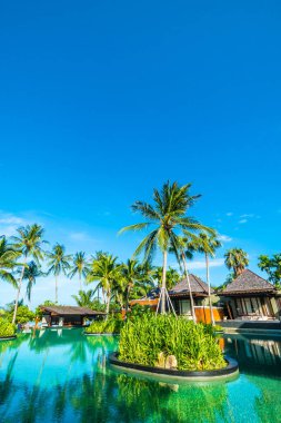 Hindistan cevizi hurma ağacının etrafında seyahat ve tatil için deniz ve okyanus görünümü ile güzel açık yüzme havuzu