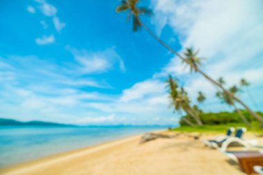 Soyut bulanıklık ve tropikal plaj ve deniz seyahat ve tatil için Hindistan cevizi hurma ağacı arka plan ile defocused