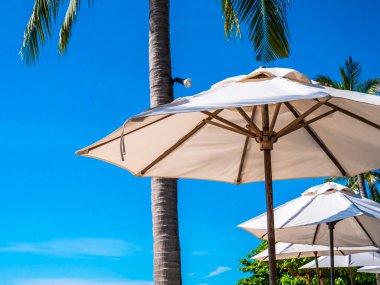 Hindistan cevizi hurma ağacı ile deniz okyanus seyahat ve tatil için mavi gökyüzü arka plan üzerinde Beyaz şemsiye