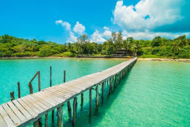 Ahşap iskele veya Cennet Adası için seyahat etmek tatil tropikal plaj ve ile köprü