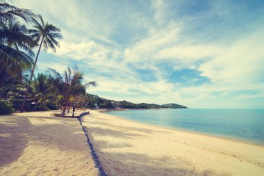 Güzel tropikal plaj deniz ve kum mavi gökyüzü ve beyaz bulut seyahat ve tatil için Hindistan cevizi hurma ağacı ile