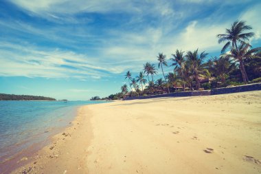 Güzel tropikal plaj deniz ve kum mavi gökyüzü ve beyaz bulut seyahat ve tatil için Hindistan cevizi hurma ağacı ile